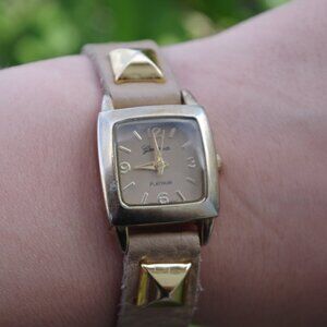 Ladies Snap Leather Gold Stud Bracelet Watch By Geneva Platinum